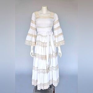 Vintage 1960s Pleated Mexicain Maxi Wedding Dress with Angel Sleeves and Lace